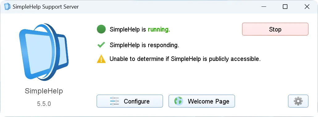 SimpleHelp Support Server interface showing status: running, responding, and a warning about public accessibility with buttons for Stop, Configure, and Welcome Page.