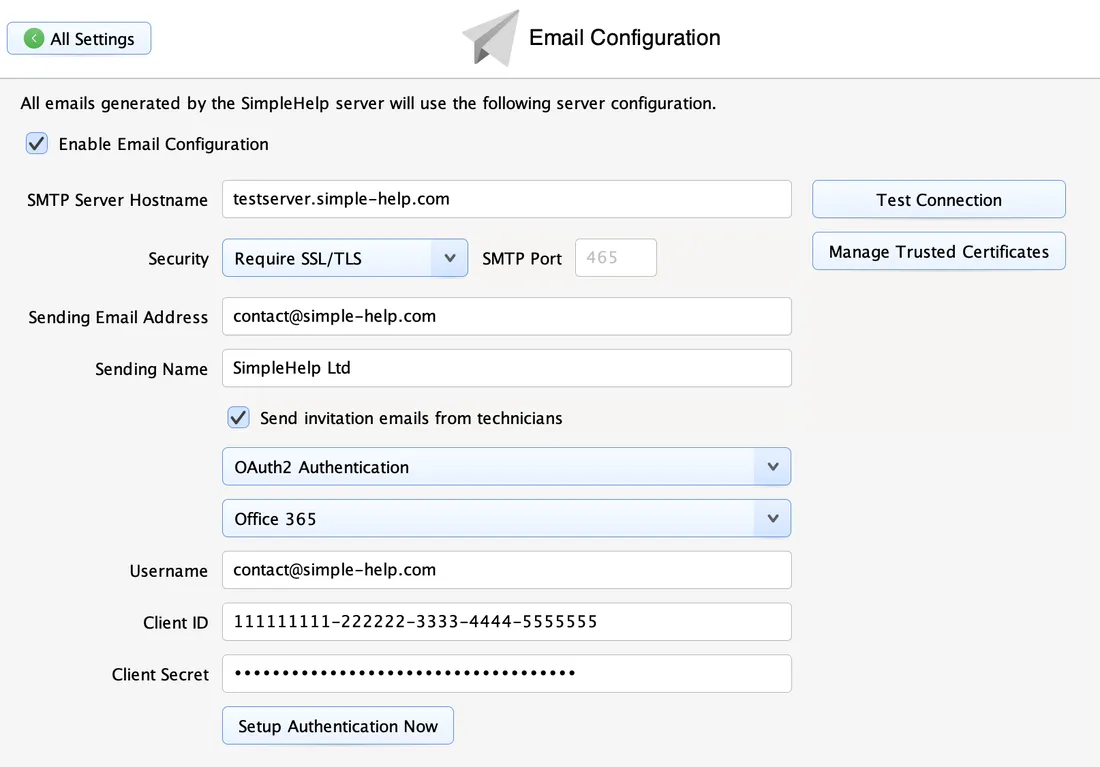 Email Configuration panel with SMTP server and OAuth2 Authentication settings enabled for sending emails via Office 365.