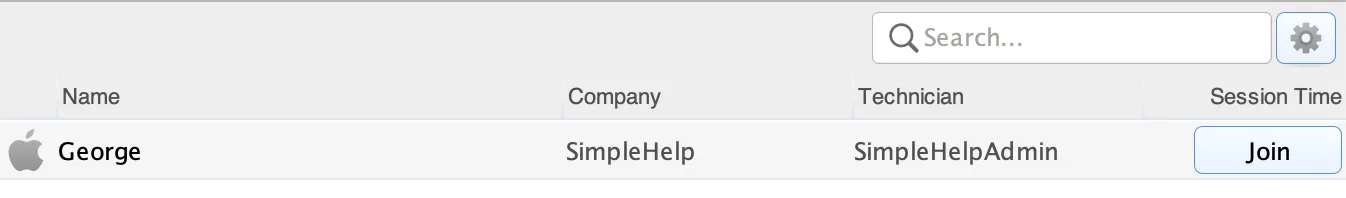 User interface showing a session list with one entry: Name George with Apple logo, Company SimpleHelp, Technician SimpleHelpAdmin, and a Join button.
