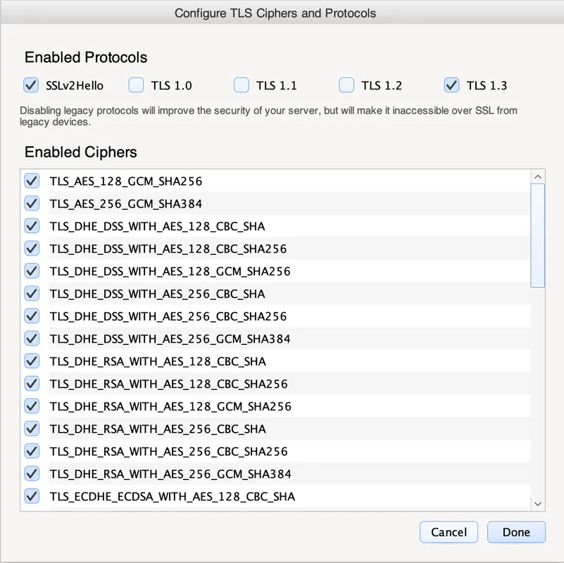 TLS configuration window showing enabled protocols SSLv2Hello and TLS 1.3 checked, and a scrollable list of various enabled TLS ciphers.