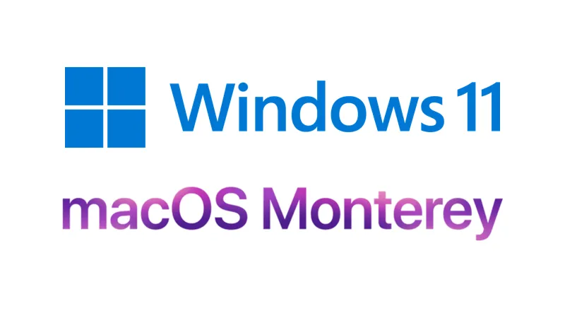 Windows 11 logo with blue window icon and text, above purple gradient text reading macOS Monterey.