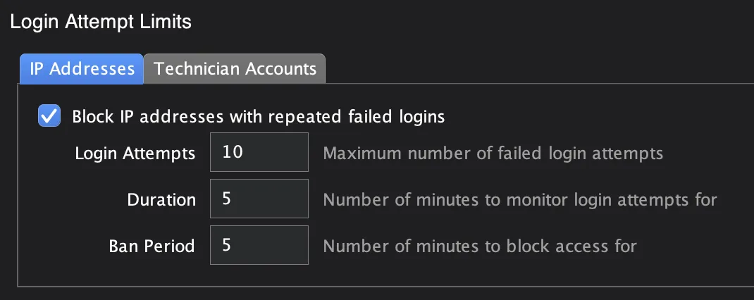 Login Attempt Limits settings showing IP Addresses tab with option to block IP addresses with repeated failed logins, set to 10 login attempts, 5-minute duration, and 5-minute ban period.