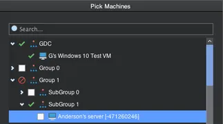Software interface displaying a hierarchical tree view of machines, including GDC, Groups, and a highlighted server labeled Anderson's server [-471260246].