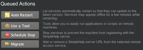 User interface panel titled Queued Actions with buttons for Auto Restart, Use a Tool, Schedule Stop, and Migrate, each with a description of their respective functions.