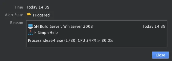 Notification showing triggered alert for SH Build Server on Windows Server 2008 with process idea64.exe CPU usage at 347%, above 80%.