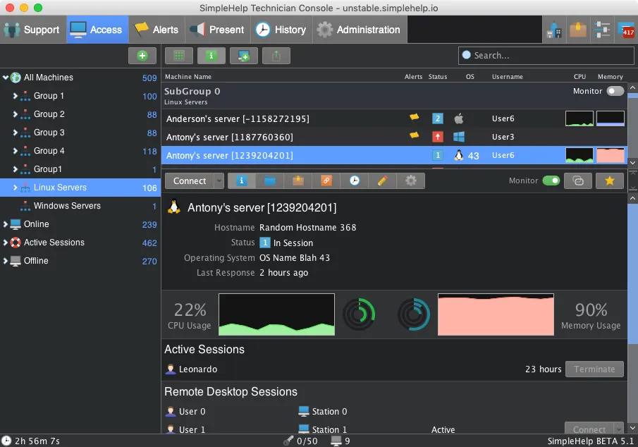 SimpleHelp Technician Console showing Linux Servers section with Antony's server selected, displaying CPU usage at 22% and memory usage at 90%, and active and remote desktop sessions listed.