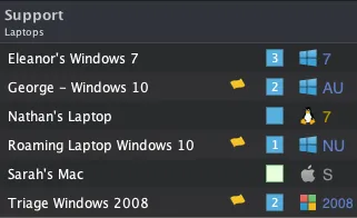 Support list showing laptops with user names, Windows versions, and status icons including flags, numbers, and operating system logos like Windows, Linux, and Mac.