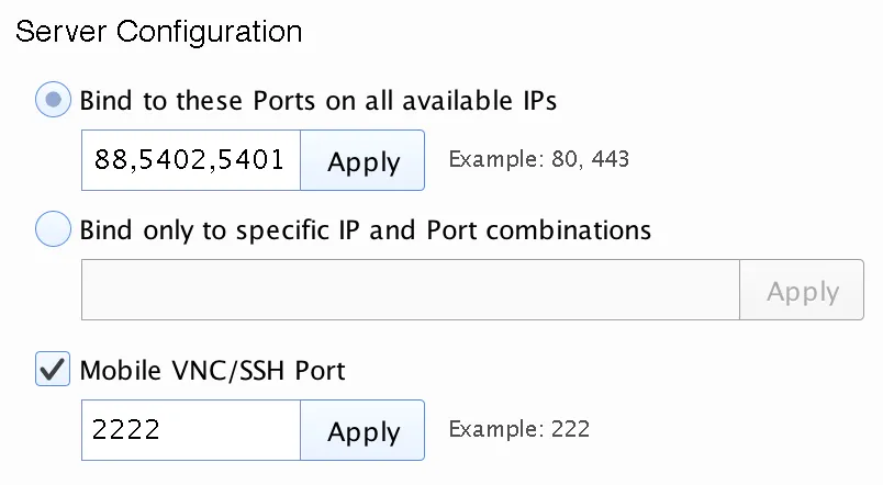 Server configuration form with options to bind ports on all IPs or specific IP and ports, and a checkbox for Mobile VNC/SSH Port with input fields and apply buttons.