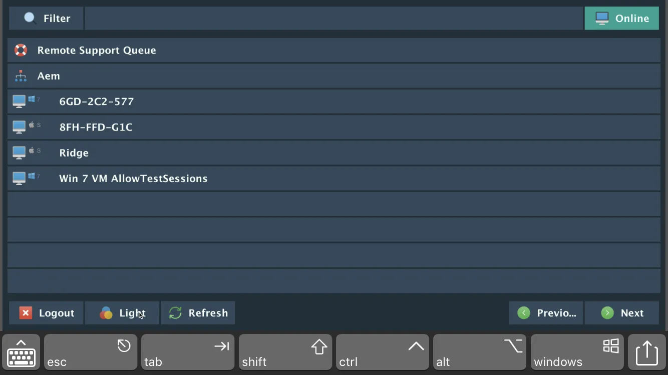 Remote support queue interface with a filter bar, four device entries labeled with names and OS icons, and buttons for Logout, Light mode toggle, and Refresh, displayed above a virtual keyboard.