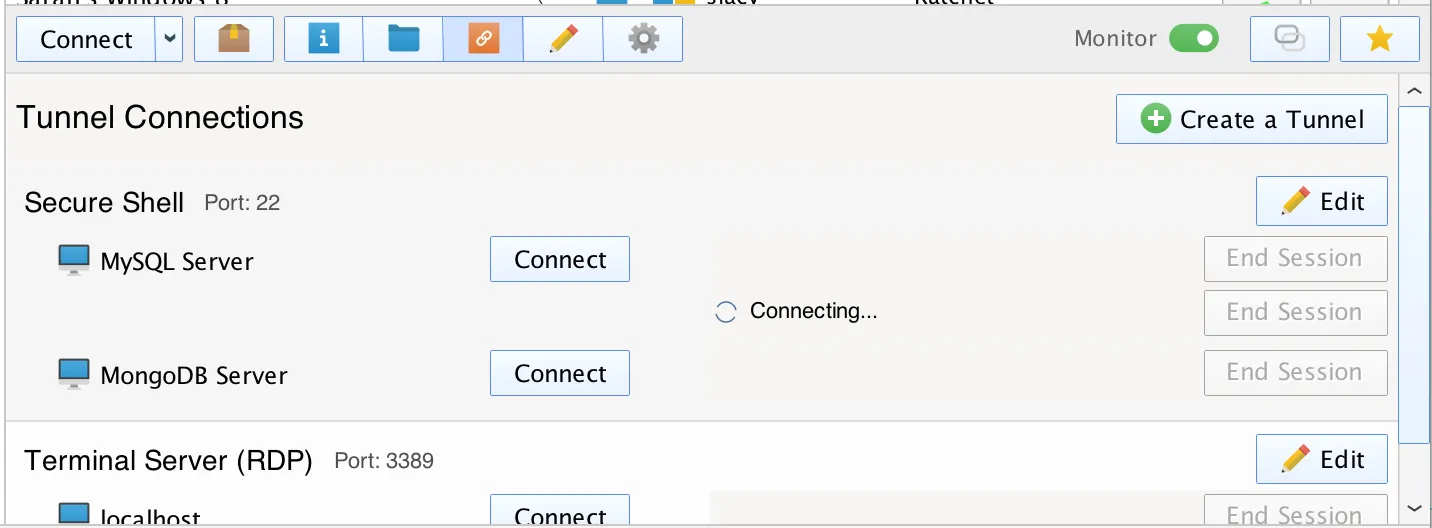 Tunnel connections interface showing Secure Shell with MySQL Server and MongoDB Server and options to connect or edit sessions.