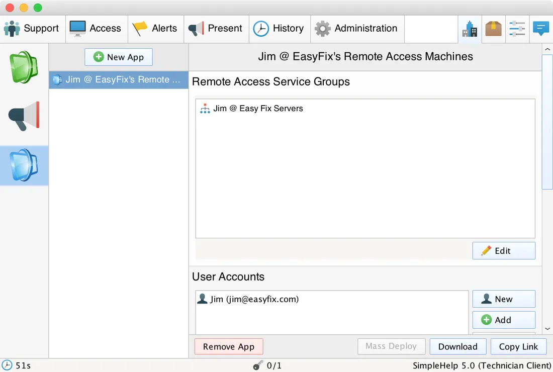 Remote access software interface showing Support tab with a list of remote access service groups and user accounts for Jim at EasyFix.