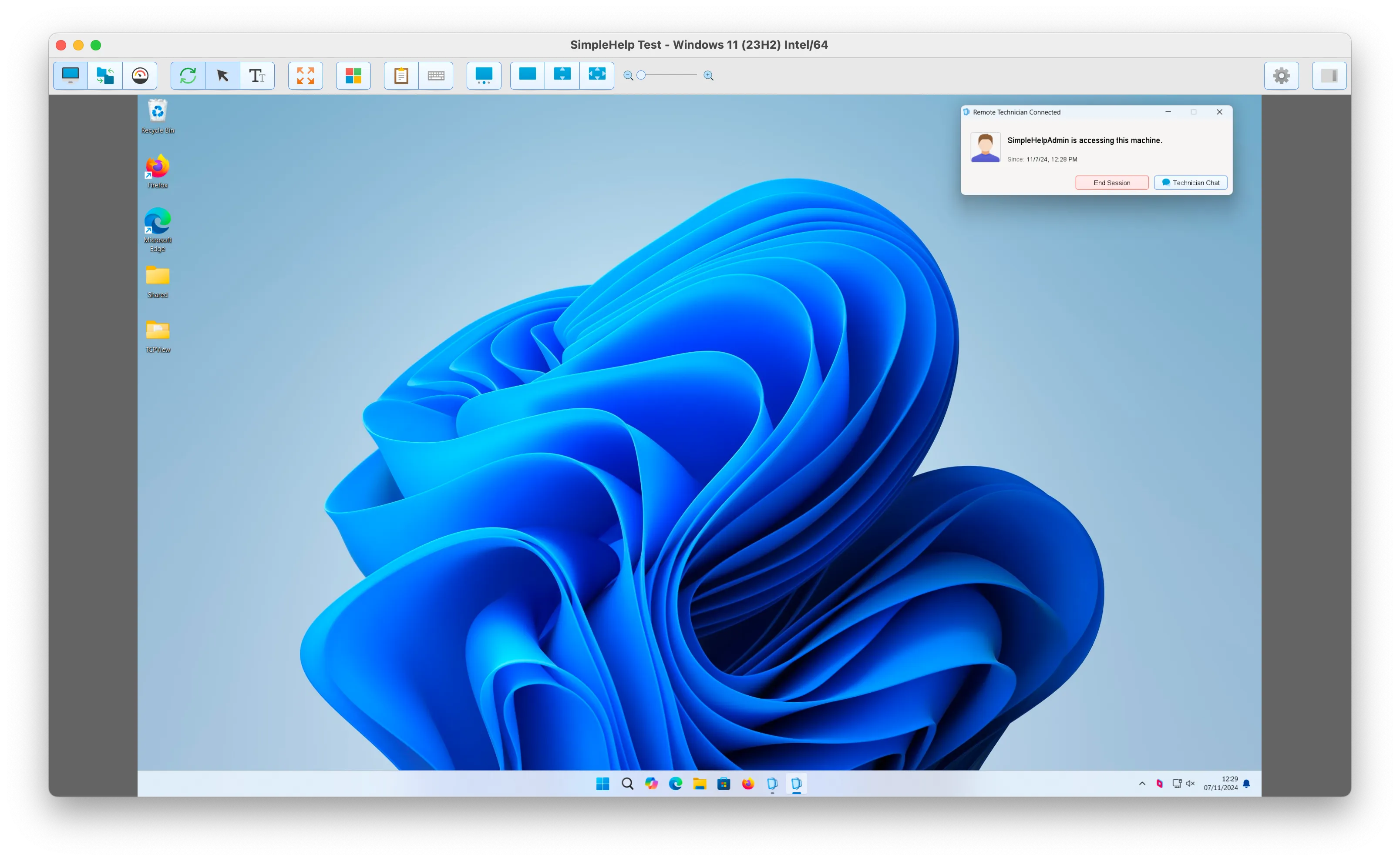 Remote desktop session showing Windows 11 desktop with a SimpleHelp remote technician connected popup.