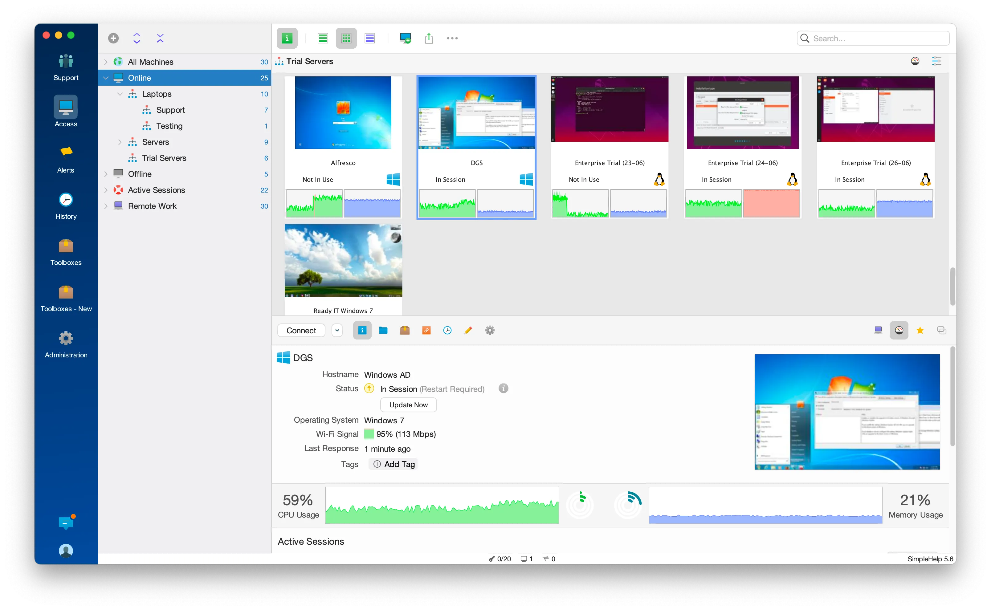 Computer management interface showing a list of trial servers with their statuses and performance metrics, including CPU and memory usage for selected server named DGS running Windows 7.