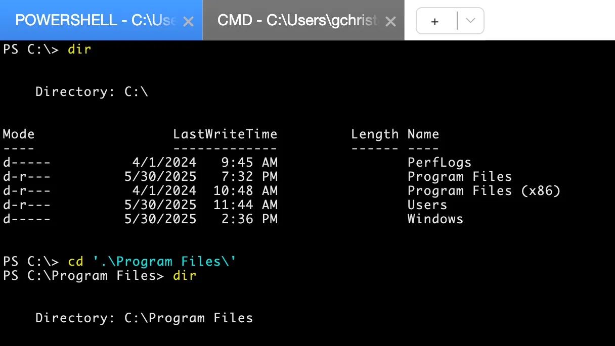 A screenshot of a running SimpleHelp terminal session, showing a Powershell and CMD.exe terminal.