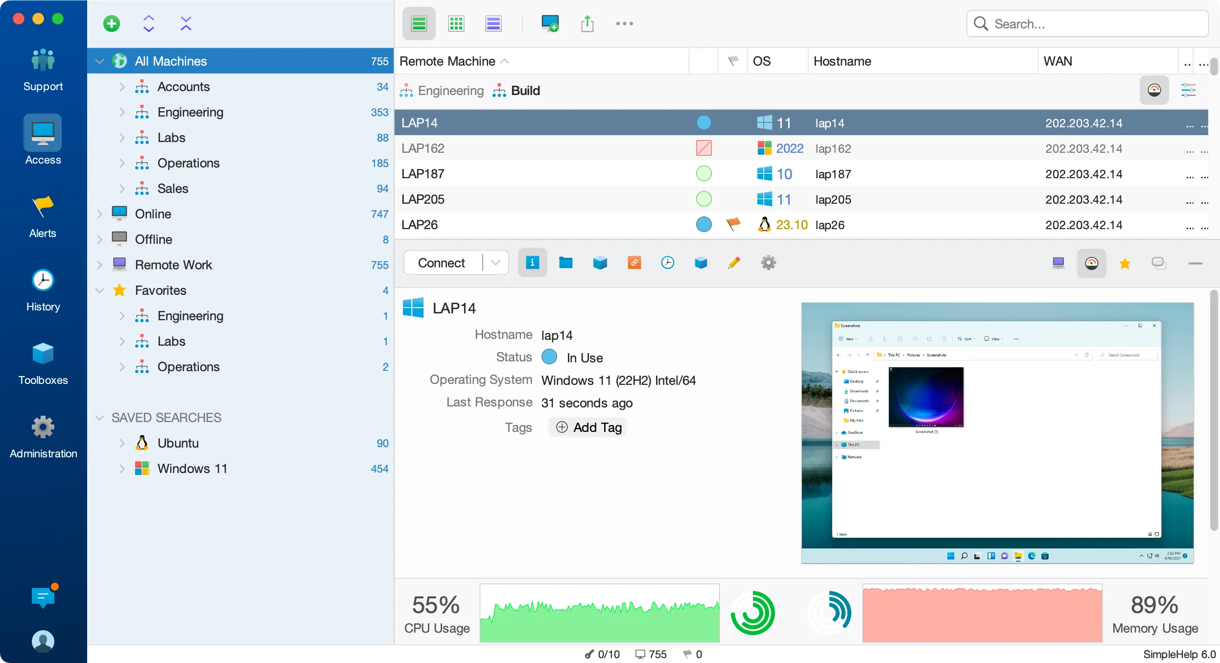 A screenshot of the unattended remote access tab in the SimpleHelp technician console.