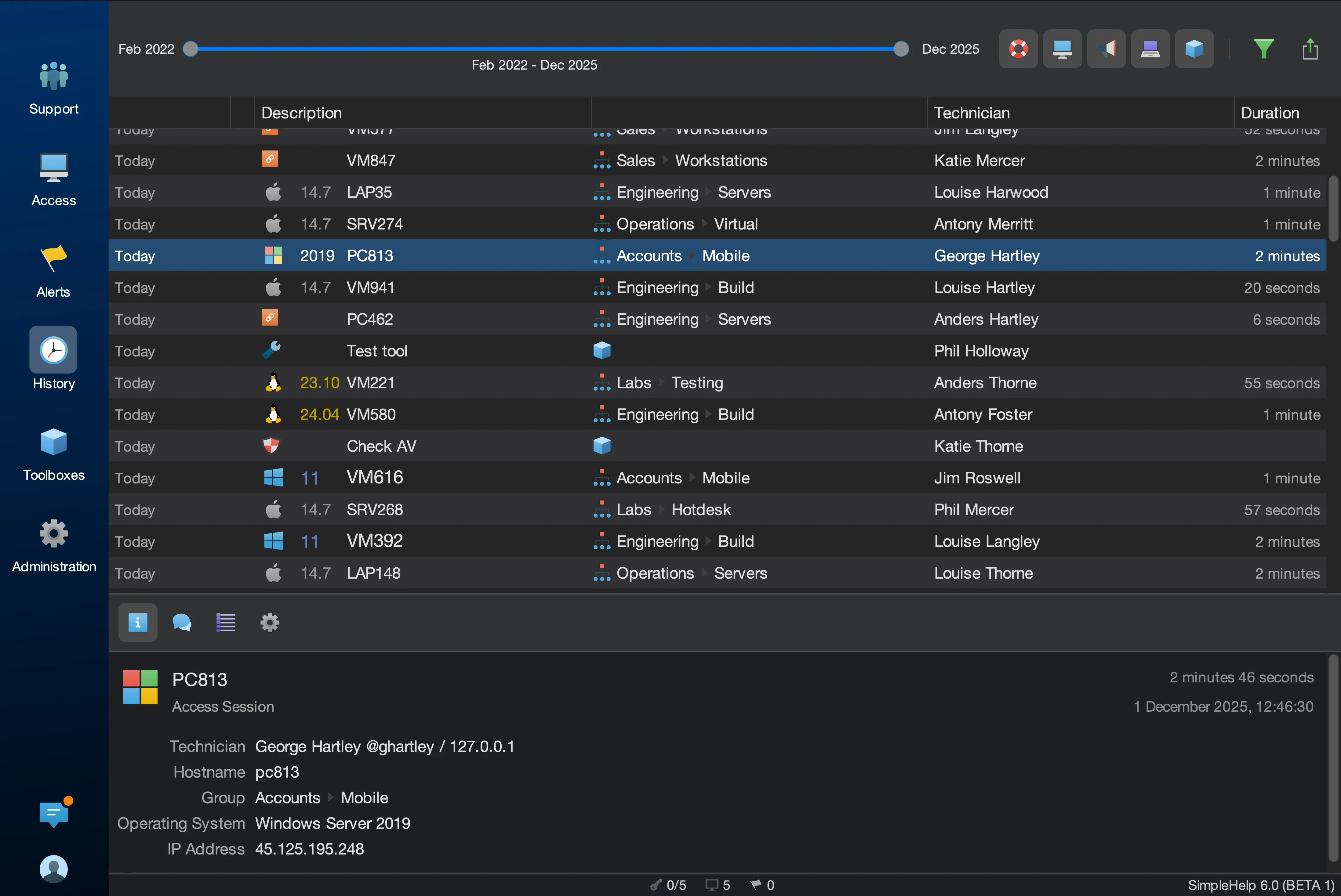 A screenshot of the History tab of the SimpleHelp Technician Console