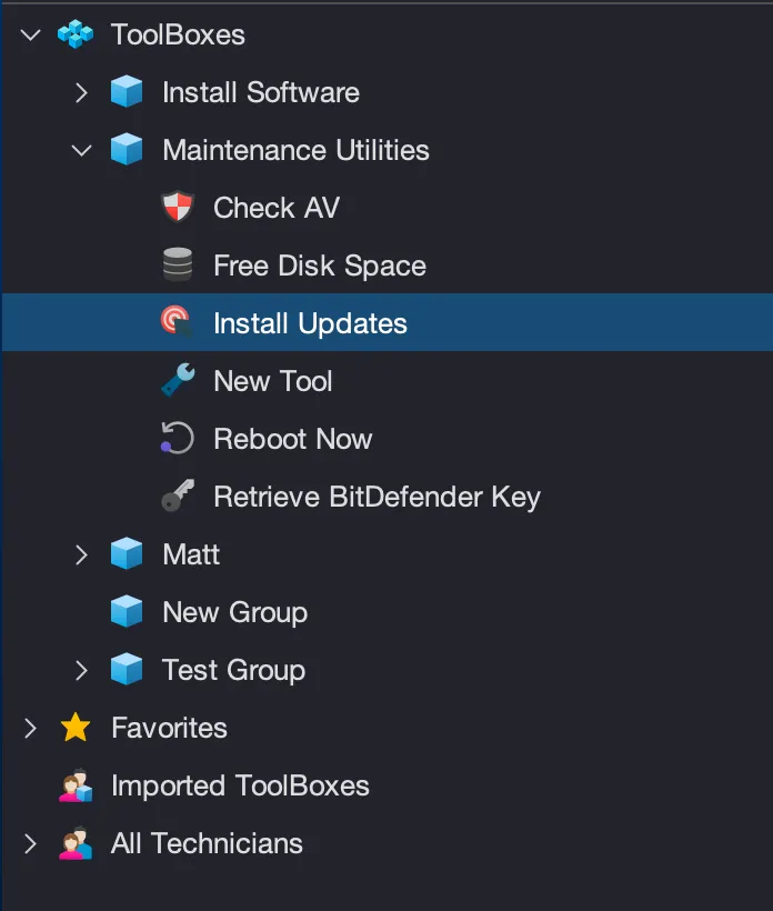 Software application sidebar menu showing ToolBoxes with expandable groups: Install Software, Maintenance Utilities with sub-options like Check AV, Free Disk Space, Install Updates highlighted, New Tool, Reboot Now, Retrieve BitDefender Key, plus groups Matt, New Group, Test Group, and sections for Favorites, Imported ToolBoxes, and All Technicians.