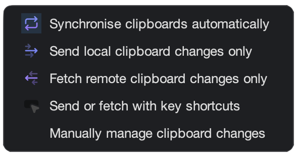 Menu of clipboard synchronization options including automatic sync, sending local changes, fetching remote changes, using key shortcuts, and manual management.